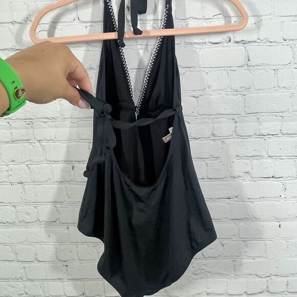 Sunseeker One Piece Swimingsuit Women Black V Neck Halter Embroidered Preppy - Picture 7 of 16
